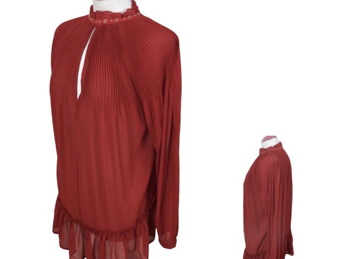 River Island Ladies Red Semi Pleated Sheer Top Long Sleeves Cold Shoulders Sz 10 including postage