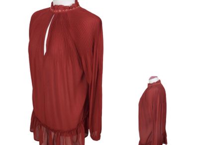 River Island Ladies Red Semi Pleated Sheer Top Long Sleeves Cold Shoulders Sz 10 including postage