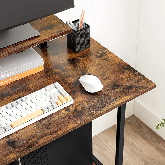 _Computer Desk with Wheels with Monitor Attachment 6 Hooks 80 x 50 x 90 cm Industrial Design Vintage Brown/Black