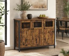 Sideboard vintage brown-black  sideboard, kitchen cabinet, storage cabinet, with glass doors, for living room, kitchen, dining room, steel frame, industrial style, vintage brown-black