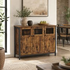 Sideboard vintage brown-black  sideboard, kitchen cabinet, storage cabinet, with glass doors, for living room, kitchen, dining room, steel frame, industrial style, vintage brown-black
