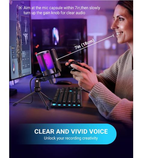 FIFINE AmpliGame A6V RGB USB Gaming Microphone USB Condenser Mic for PC, PS5.