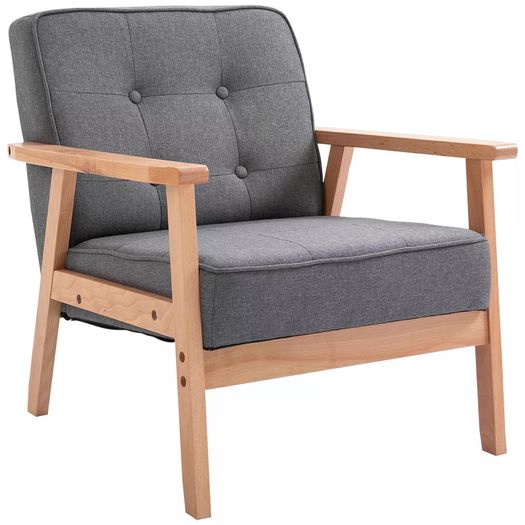 Sitting Chairs for Living Room, Wooden Accent Chair Lounge Armchair Retro Linen Fabric Upholstered w/ Arm Grey