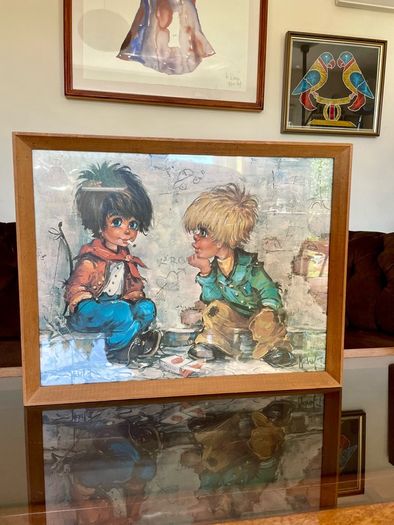 Vintage Teak Framed Certified Art print behind Glass Big Eye Art The Dropouts by Michael Thomas 1969
