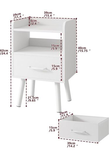 Bedside Table Set of 2, Nightstand, Side Table, Wooden Sofa End Table with Fabric Drawer, Open Shelf, Solid Wood Legs, 39x29x63 cm, for Bedroom, Living Room, White