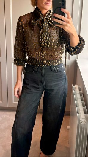 The Kooples Black and Gold Metallic Polka Dot Pussy-Bow Blouse