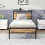 Single Bed Frame with Wooden Storage Shelf Headboard, Metal Image 3