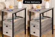 2 Side Tables, Narrow Bedside Rustic Greige and Black