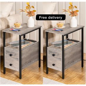 2 Side Tables, Narrow Bedside Rustic Greige and Black