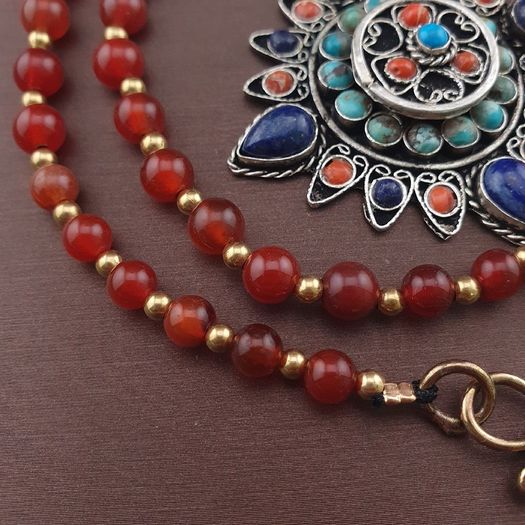 Antique Style Brass & Lapislazuli,Coral,Turqouise Pendant with Carnelian Beads Necklace