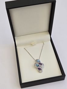 Brand New 9ct White Gold Diamond, Amethyst & Blue Topaz Pendant & Chain