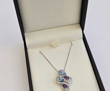 Brand New 9ct White Gold Diamond, Amethyst & Blue Topaz Pendant & Chain