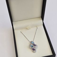 Brand New 9ct White Gold Diamond, Amethyst & Blue Topaz Pendant & Chain