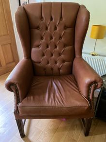 Queen Anne Leather Chair Wingback x 2
