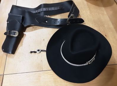 Premium Western Set - 100% Wool Cowboy Hat Size 57 & Genuine Leather Gun Belt Rig