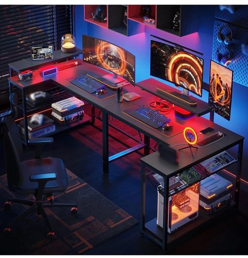 106.5CM L-Shaped Gaming Desk with RGB LED Lights Carbon Fibre Surface, 3 Power Outlets & 2 USB Ports, Reversible Corner Desk with Shelves & Hooks for Home Office & Small Spaces