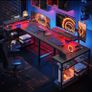 106.5CM L-Shaped Gaming Desk with RGB LED Lights Carbon Fibre Surface, 3 Power Outlets & 2 USB Ports, Reversible Corner Desk with Shelves & Hooks for Home Office & Small Spaces Image 7