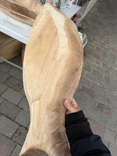 Beautiful hand-carved rustic wooden bowl/platter shaped like a fish. Features stunning natural wood grain patterns and character. Perfect as a unique table centerpiece, fruit bowl, keys tray, or coastal-themed home