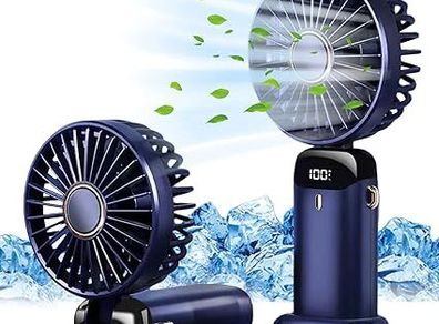 Jsdoin Hand Held Fan,Portable Handheld USB Rechargeable Fans with 5 Speeds,Battery Operated Mini Fan Foldable Desk Desktop Fans with LED Display for Home Office Bedroom Outdoor Travel (DarkBlue)