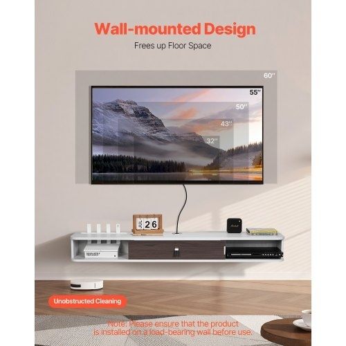 Floating TV Stand, 55 in Wall Mount Entertainment Center with Cable Hole, Modern Floating TV Shelf with Storage Cabinet, Particle Board Console for DVD Player, Cable Box, Game Console, White
