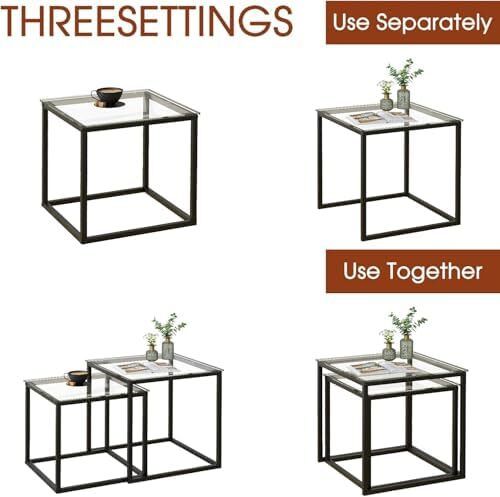 Coffee Table, Set of 2, Modern Living Room Table, Glass Coffee Table, Small, Side Table, Sofa Table, Coffee Table for Living Room, Bedroom, Office, 50/45 cm, Black