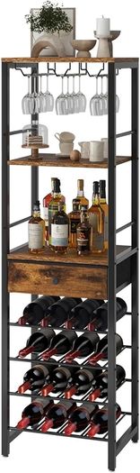 Wine Rack Freestanding Floor, Bar Cabinet,Coffee Bar Cabinet 4-Tier Wood bar Cabinet,Glass Holder and Storage Drawer for Home Bar Kitchen Living Room,Brown