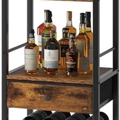 Wine Rack Freestanding Floor, Bar Cabinet,Coffee Bar Cabinet 4-Tier Wood bar Cabinet,Glass Holder and Storage Drawer for Home Bar Kitchen Living Room,Brown