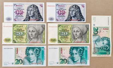 GERMANY - Set of 7 Banknotes: 10-20 Deutsch Marks 1960-1993 (VF-UNC)