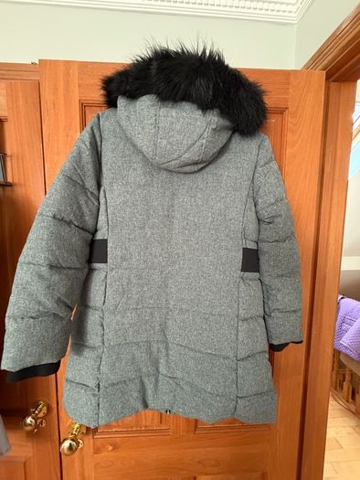 Grey winter coat with black faux fur hood trim) - size 16