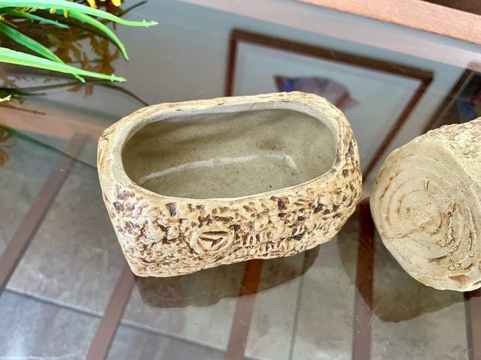 Vintage Set MCM Plant Pots x 2 Bark Pattern Stoneware Succulent Bonsai Planter 1950s