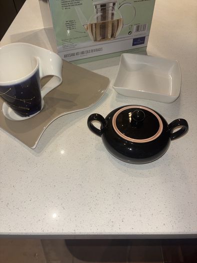 Brand New Villeroy and Boch Artesano Hot and Cold Teapot with strainer, New Wave Plate, Gemini Porcelain Mug, Cake / Biscuit Misc Plate and Biarritz Lidded Sugar Bowl - 5 pieces