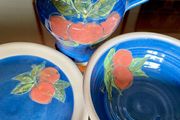 Vintage R and J Forrester Bandon Pottery Ireland Jug Sugar Bowl Plate Cobalt Blue Fruits Design