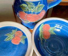 Vintage R and J Forrester Bandon Pottery Ireland Jug Sugar Bowl Plate Cobalt Blue Fruits Design