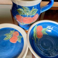 Vintage R and J Forrester Bandon Pottery Ireland Jug Sugar Bowl Plate Cobalt Blue Fruits Design