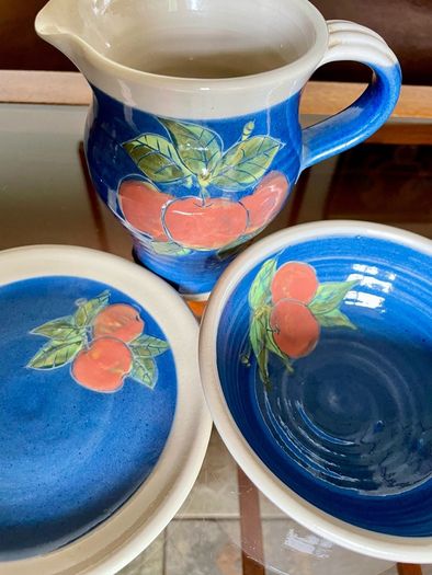 Vintage R and J Forrester Bandon Pottery Ireland Jug Sugar Bowl Plate Cobalt Blue Fruits Design