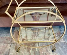 Art Deco Style Gilt Metal Petite Drinks Trolley with 2 Glass Shelves on Casters