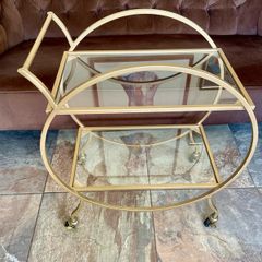 Art Deco Style Gilt Metal Petite Drinks Trolley with 2 Glass Shelves on Casters