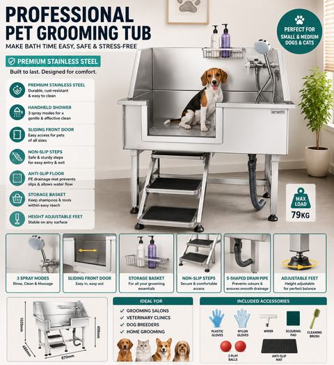 Professional Stainless Steel Pet Grooming  Dog Bath Station with Steps & Shower Kit