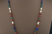 Antique Himalayan Tibetan 3 Eyes Agate Dzi Bead With Mix Lapis,carnelianPearls Necklace