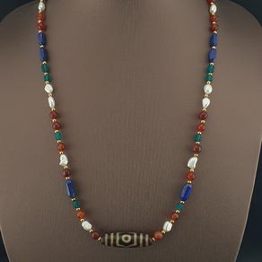 Antique Himalayan Tibetan 3 Eyes Agate Dzi Bead With Mix Lapis,carnelianPearls Necklace