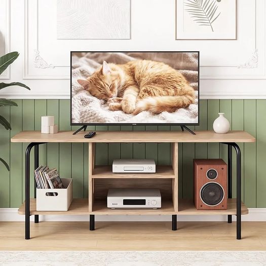 120cm Wooden TV Cabinets for Living Room,Oak TV Stand Cabinet with Arch Details & Rounded Edges, Modern Media Console Table with Open Gaming Entertainment Center Shelves