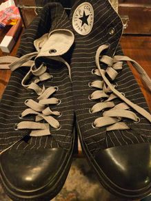 Pinstripe Converse Chuck Taylor high tops as per photos