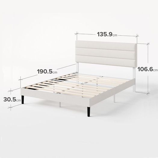 Double Bed Frame with Headboard - 4ft6 (135 x 190 cm) - 11.8'' Height - Upholstered Bed Base - Wooden Slat Support - Easy Assembly - Off White