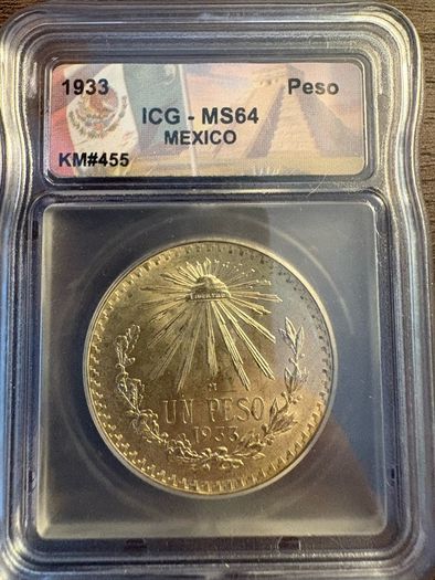 1933 Mexico Un Peso ICG graded MS64