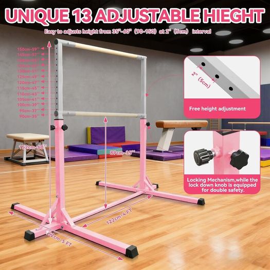 Gymnastics Bar Horizontal Bar with Gymnastic Rings for Kid 13 Height Adjustable
