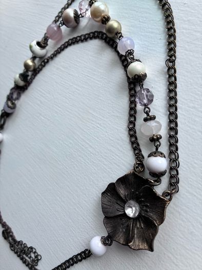 Vintage-bronze chain adorned with faux pearls and pastel beads
