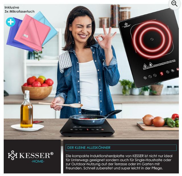 KESSER induction Hob Induction Hob 1 Plate 2100W Portable 28cm + 3x Microfibre Cloth + 1x Recipe Book