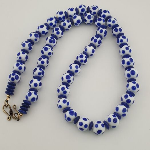 Antique Venetian Style White Blue Dotted Glass Beads Necklace