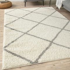 Modern Moroccan Design Rugs for Living Room, Bedroom, Hallway, 3 cm Thick Area Rugs, Diamond Ivory/Grey, 80x150cm (FREE POSTAGE)