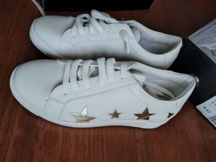 Dune London white multi star lace up trainers, size uk4/eu37